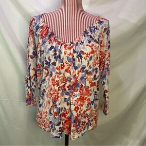 Lucky Brand Watercolor Floral Cotton Linen Blend Top, Ruched Collar, Red & Blue